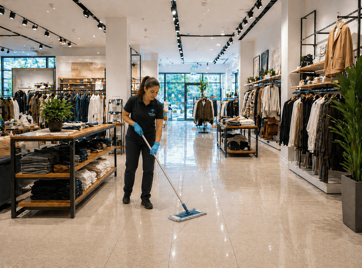 cleaning a retail store with a mop