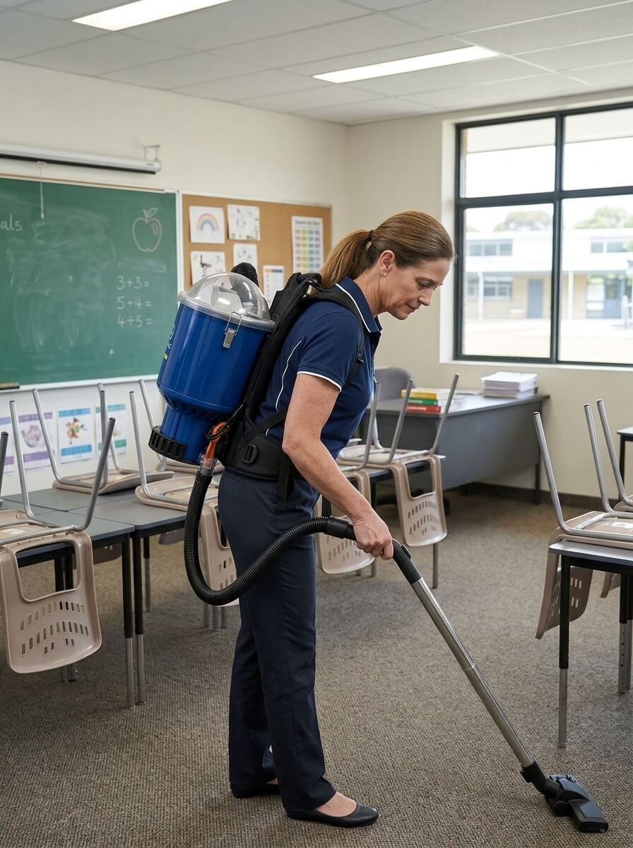 woman vacuum cleaning a classroom